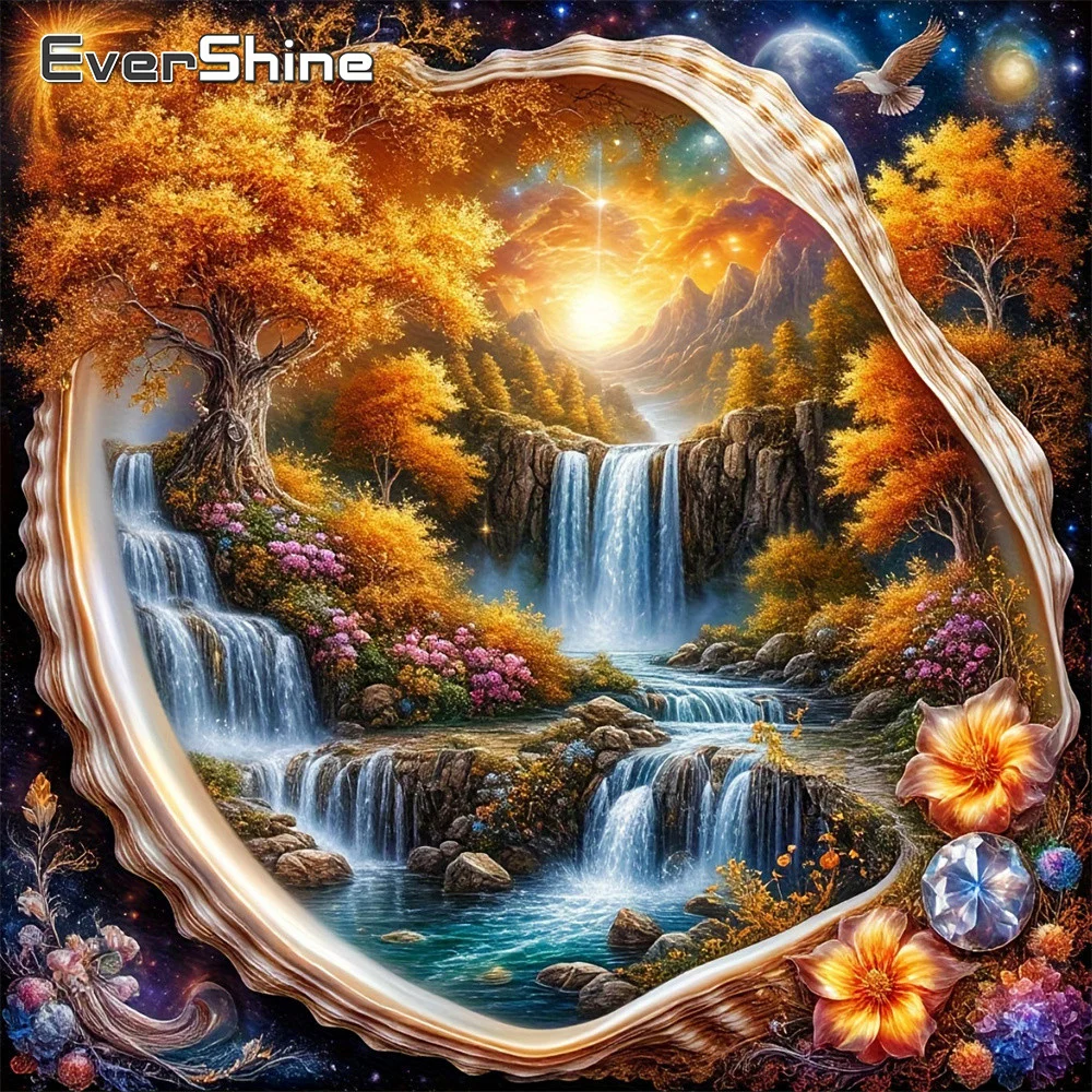 Evershine Voll-Diamant-Malerei Wasserfall-Landschaft 5D Muschel-Stickerei Baum DIY Bild Strass-Mosaik Heimdekoration