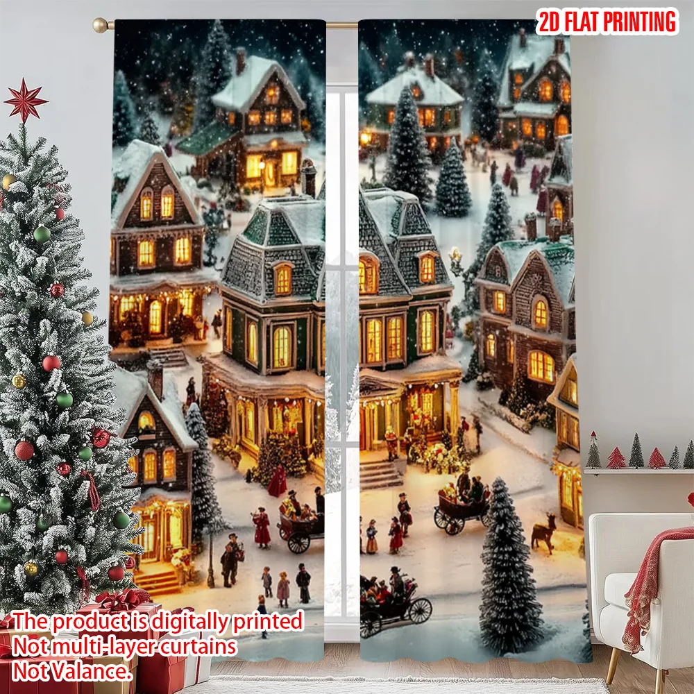 

2pcs 2D flat printing Christmas Drapes Vintage Village Versatile Fabric Without Electricity Festive Wall Decor Use for Indoor