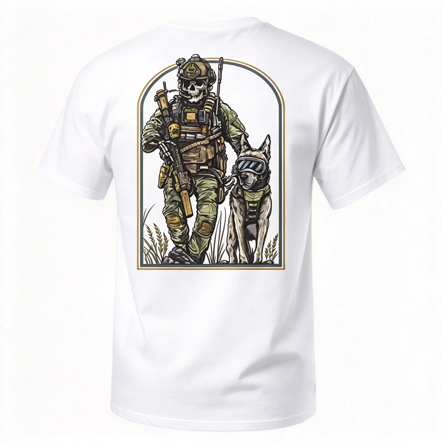 New 2026 Tactical Skeleton Soldier & Working Dog Graphic Short Sleeve T Shirt, Unisex Oversized Tee, Kids Adults Casual Tops