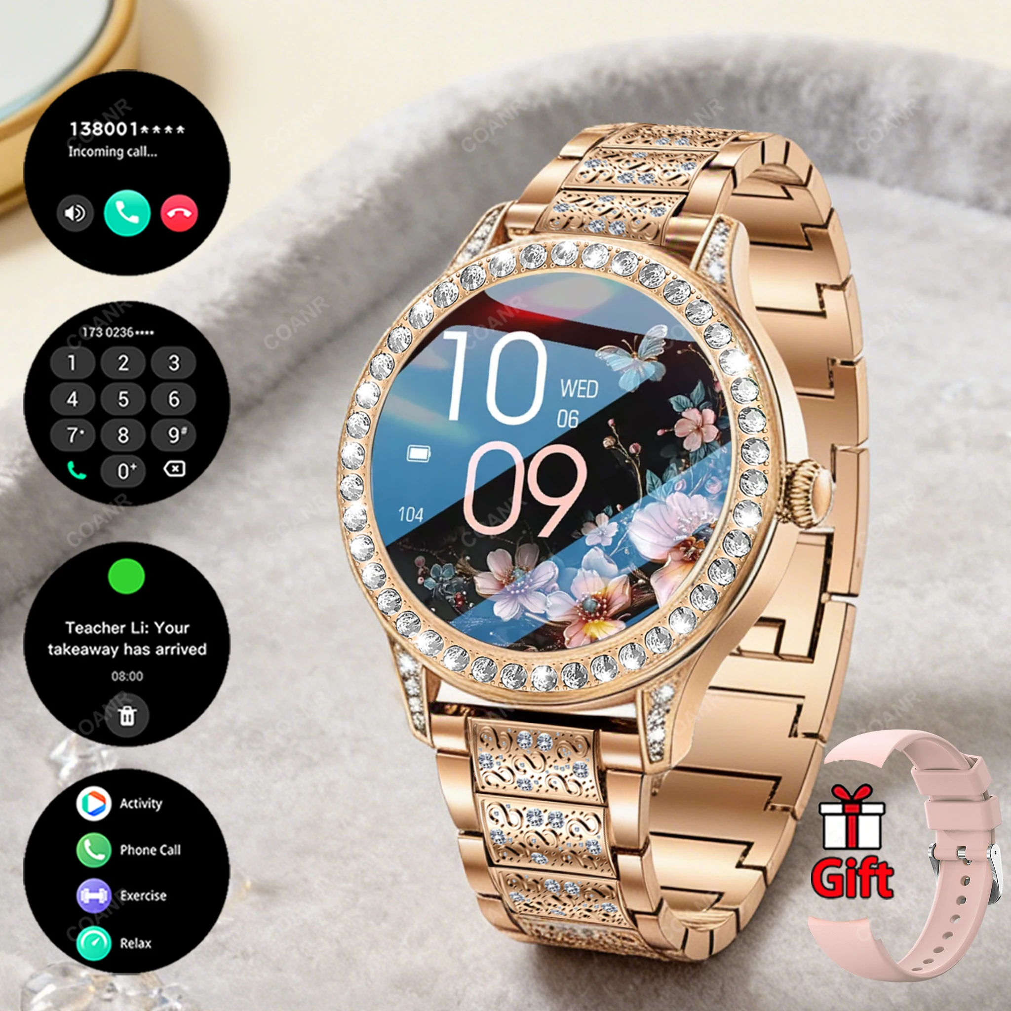 

Новые умные часы для женщин с бриллиантовым корпусом и ремешком, 1.27-дюймовый HD-экран, возможность совершать и принимать звонки, спортивные смарт-часы для Android и iOS.