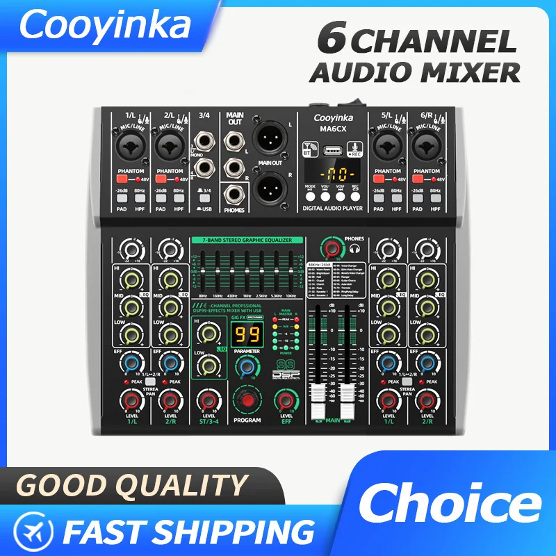 

6-канальный микшерный пульт Lomeho Audio с 48В фантомным питанием, 99 DSP-эффектами, Bluetooth, USB для ПК, записью и воспроизведением, для диджеев и подкастов