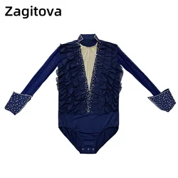ZAGITOVA Figure Skating Dress Men And Boys Ice Skating Clothes Acrobatics Gymnastic Navy Blues Jumpsuit With Diamonds