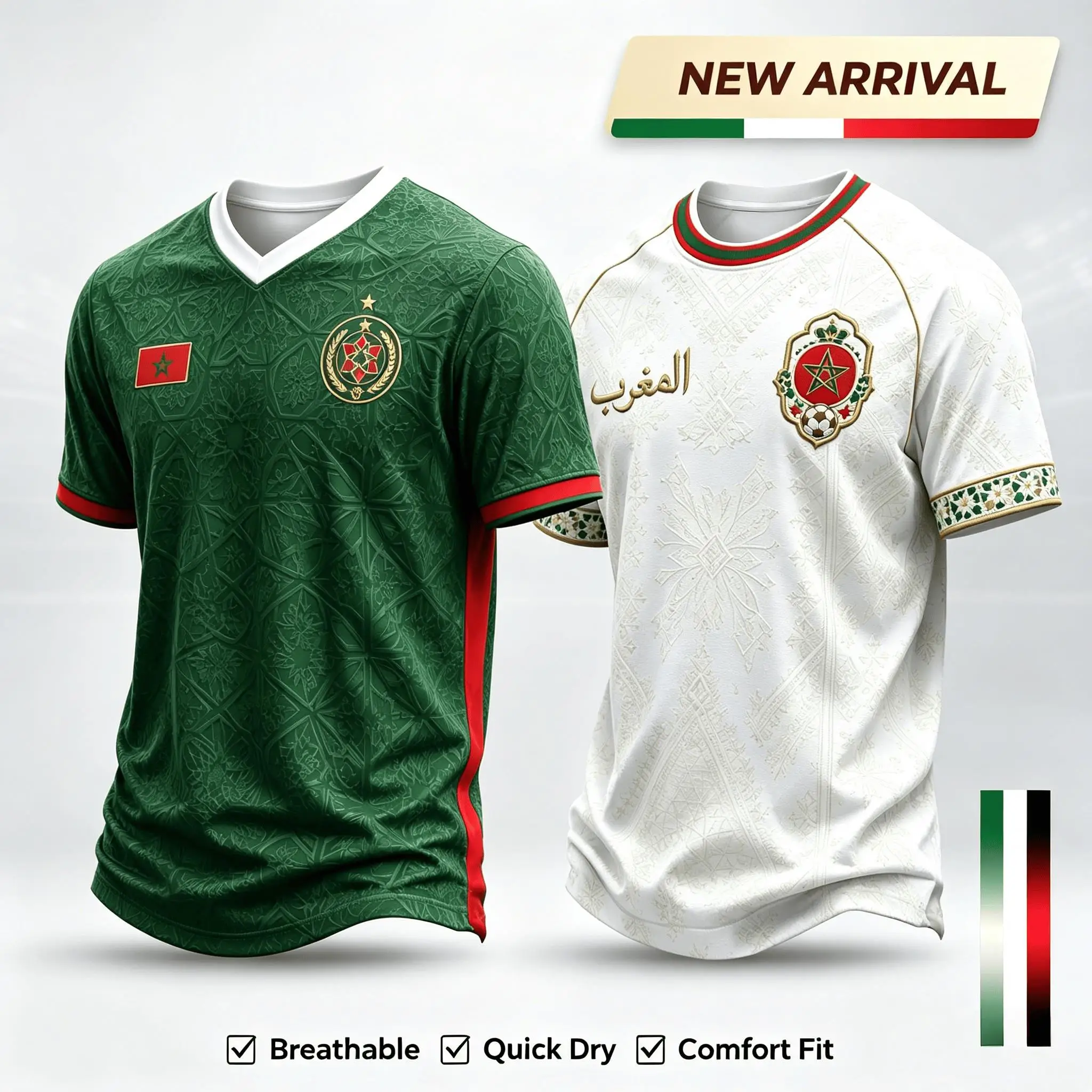 Morocco Team Away Soccer Jersey White Short Sleeve T Shirt Football Unisex Fans Supporter Training Sport Casual Family Kids Tees