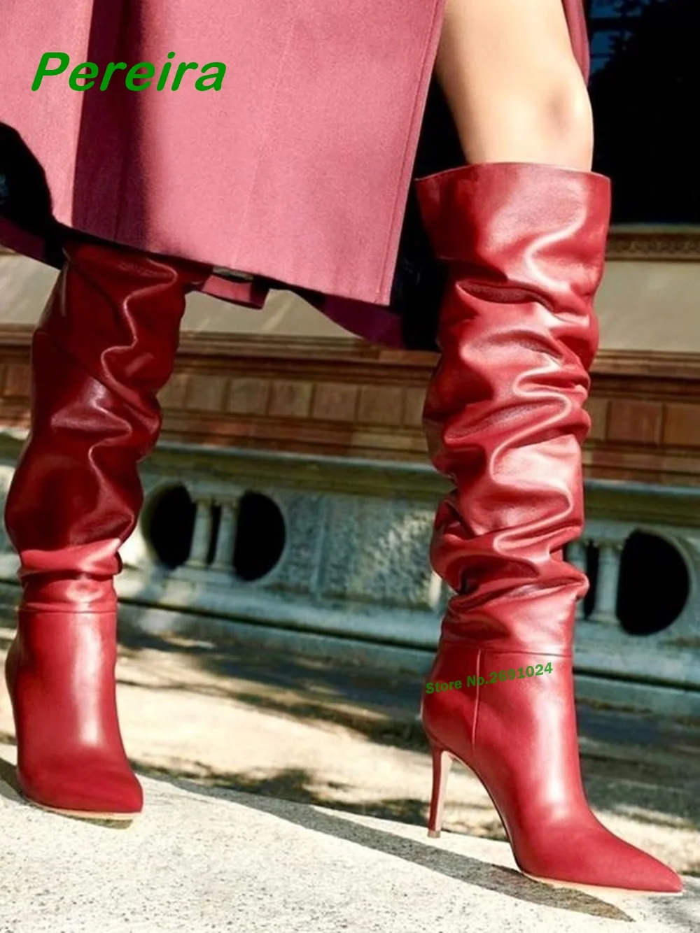 Auburn Pleated Pointy Toe Boots Stiletto Slip On Thin High Heels Knee-High Boots Foe Female Newest Winter Casual Shoes Plus Size