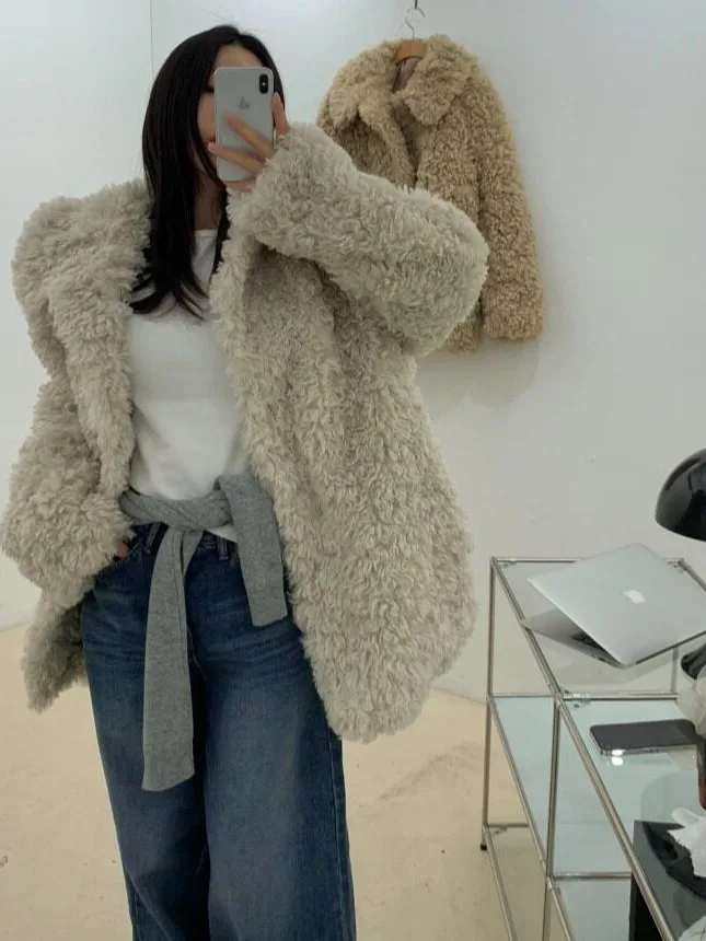 Korean Fashion Warm Faux Fur Cotton Blend Women's Coat Single Button Elegant Style Winter New Arrival Standard Fit No Hat