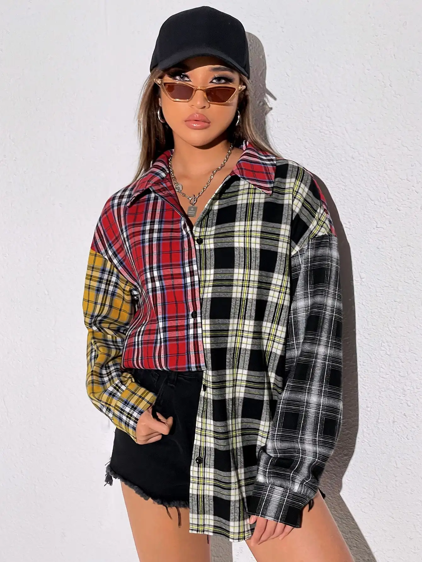 Grunge Y2K Aesthetic Tartan Plaid Patchwork Button Down Shirt Indie Sleaze Long Sleeve Oversized Flannel Outerwear Top Vibrant Red Yellow Black Colorblock Lapel Collar Dropped Shoulders Boyfriend Fit For Autumn Street Walks Valentine Gift