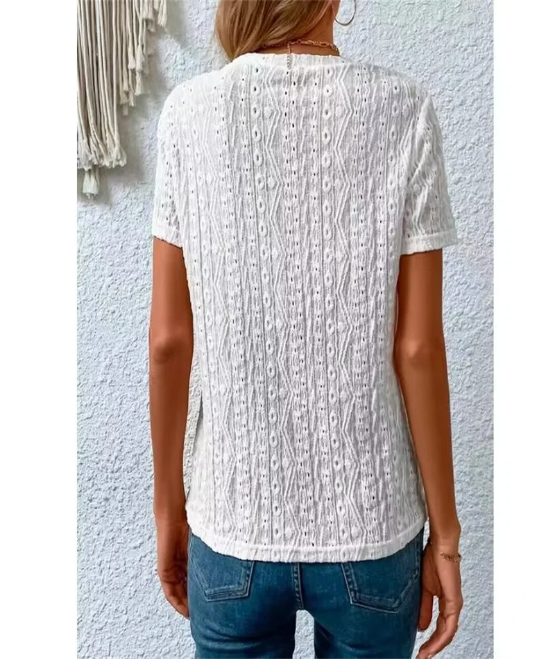 024 Europe and the United States Spring and summer women\'s round-necked casual short-sleeved T-shirt hollow hole blouse