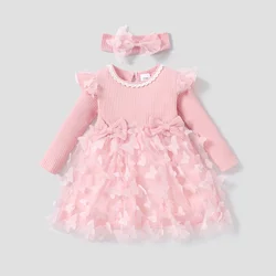 PatPat 2pcs Baby Girl 95% Cotton Ribbed Long-sleeve Splicing 3D Butterfly Appliques Mesh Dress with Headband Set