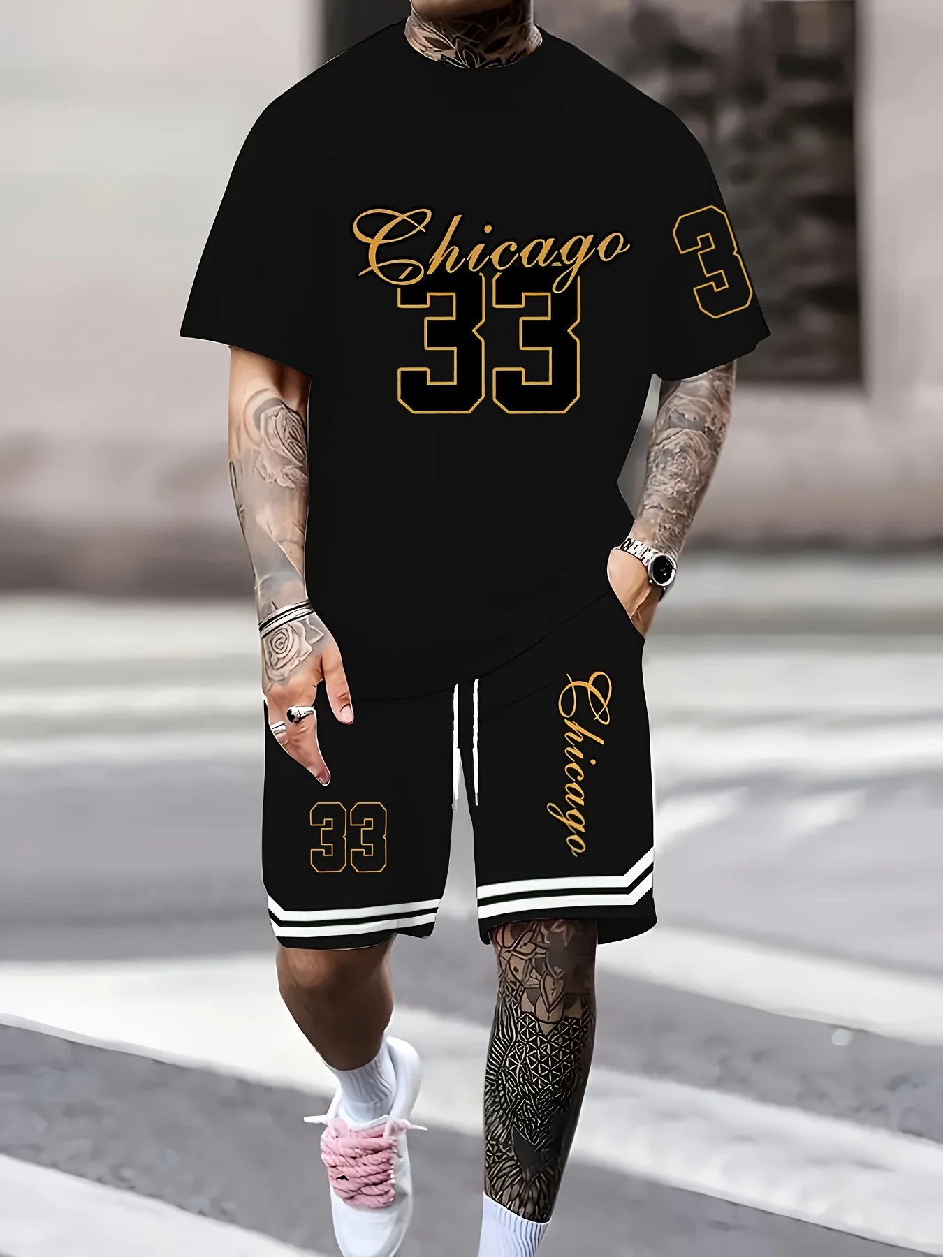 

2025 Summer New Men's Set 3D printed casual Fashion Round neck short sleeve with Shorts 2-piece outdoor activity