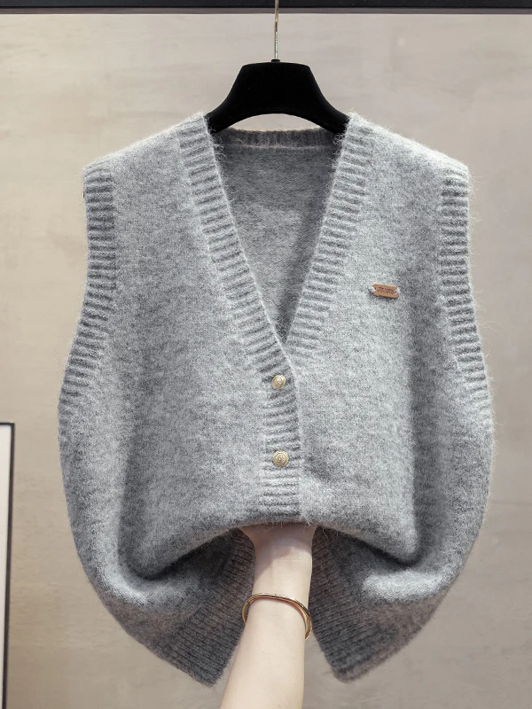 Women's Open Cardigan V-Neck Knitted Vest Loose Outerwear Trendy Layering Sweater Shoulder Pad Autumn Winter New Arrival