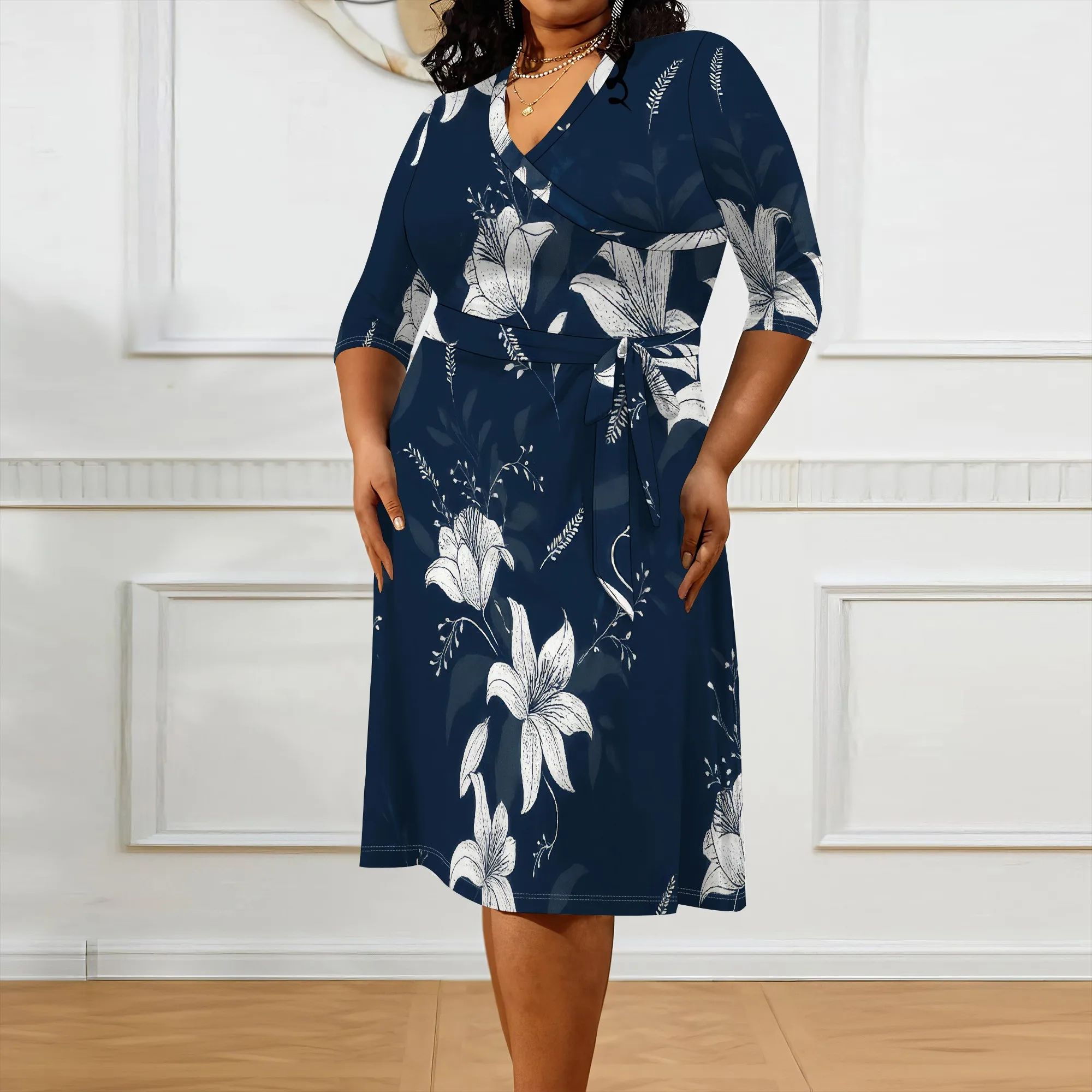 Women's Floral Print Maxi Dresses Summer with Pockets Casual 3/4 Sleeve V-Neck Wrap Tie Waist Long Dress