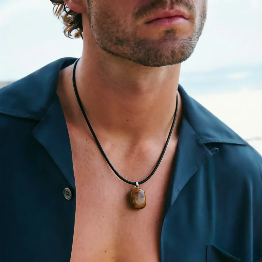 Handmade Irregular Natural Stone Pendant Necklace Men Vintage Black Rope Ethnic Necklace Jewelry