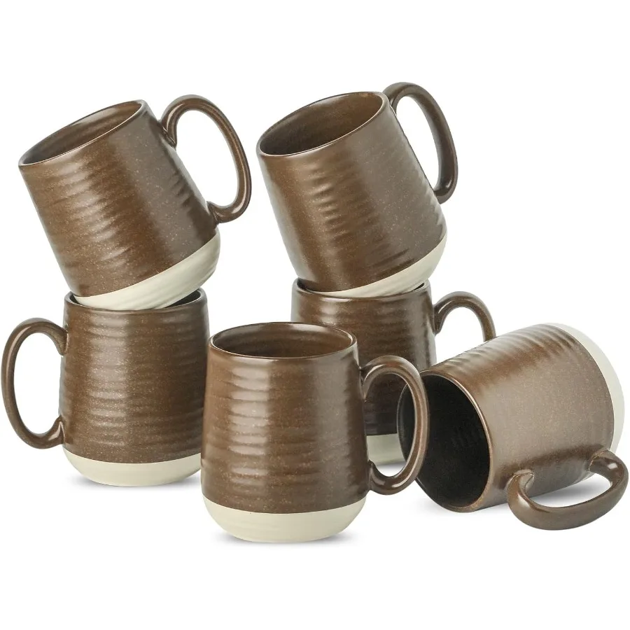 Juego de 6 tazas de café de gres de 15 oz con asas grandes para uso en interiores y exteriores, tazas de té modernas, ideales para chocolate caliente y cacao