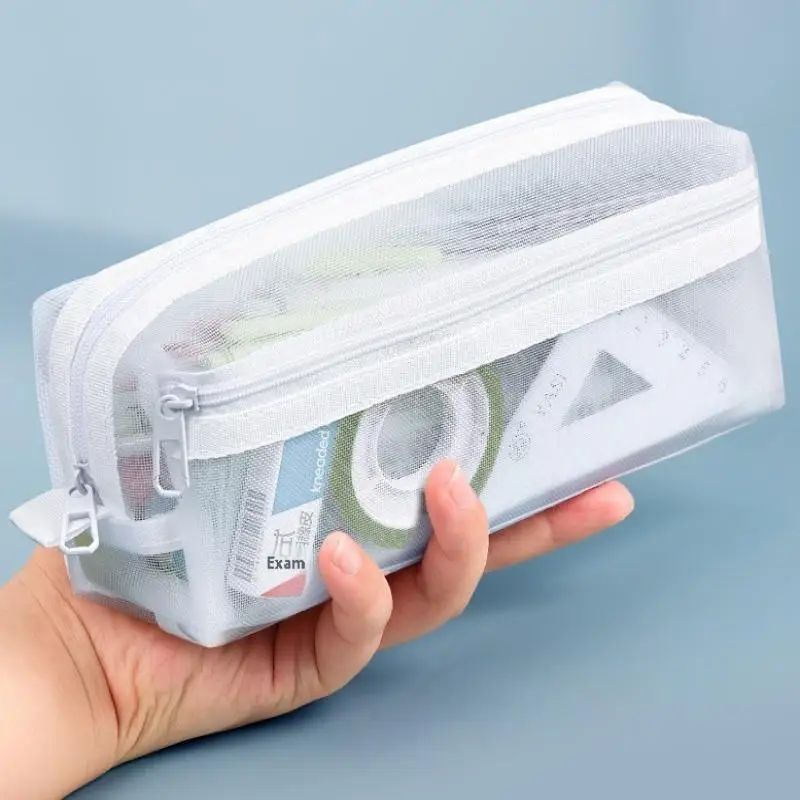Grid Mesh Pencil Case Large Capacity Stationery Organizer Clear Translucent Cosmetic Bag Storage Bag