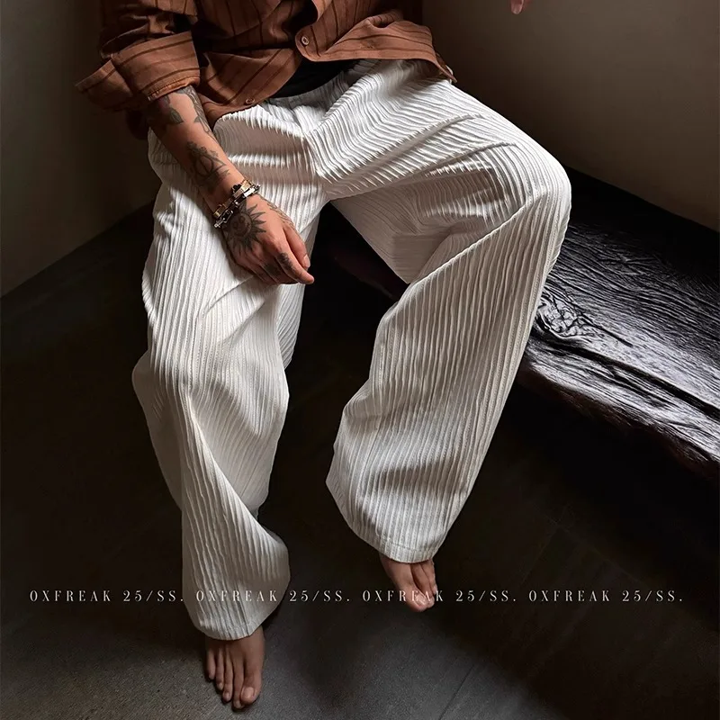 2026 Summer Men Striped Casual Pants Textured Ice Silk Wrinkle Fabric Draped Loose Versatile Long Trousers Wide Leg Pants