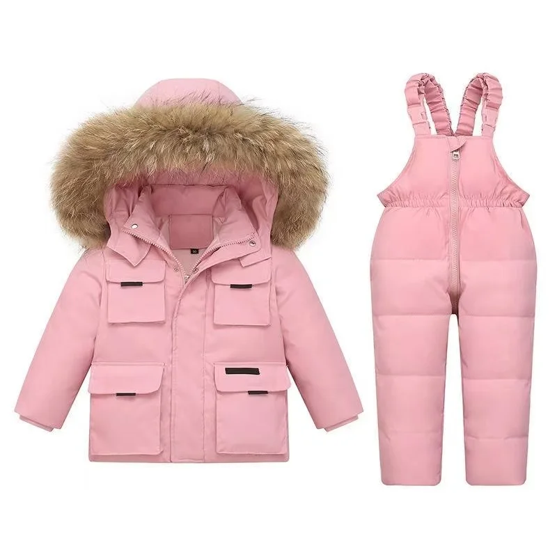 2025 New Boys and Girl Down Jacket Children's Suit Hair Collar Baby Down White Duck Down Thickened Two-piece Baby