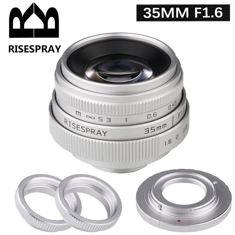 Risespot-35 mm f1.6 foco manual mf prime lens ii para eosm n1 fuji nex micro 4/3, prata e preto