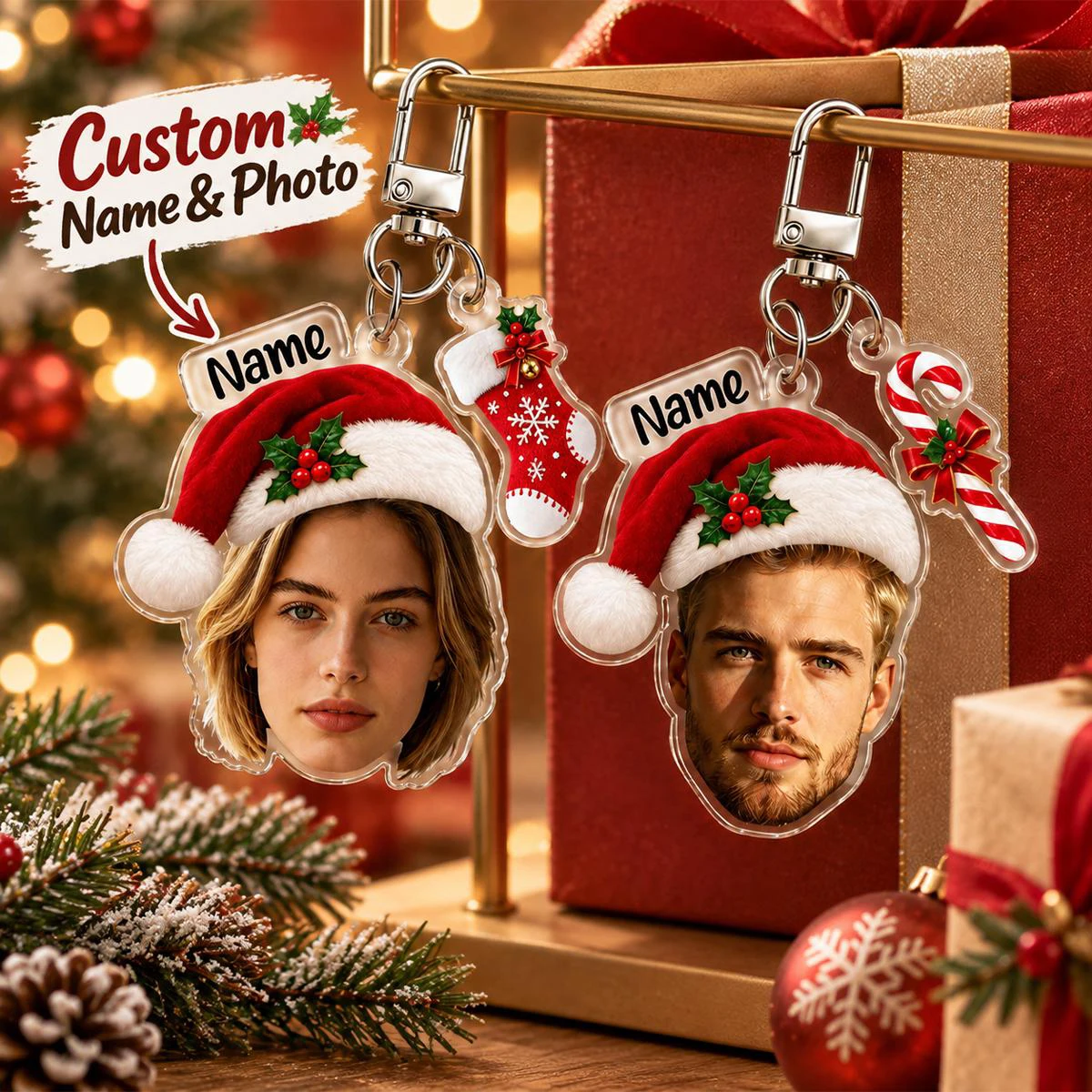 Custom Photo Christmas & New Year Keyring, Personalised Name Face Keychain, Festive Santa Hat Bag Charm, Xmas Stocking Filler Ne