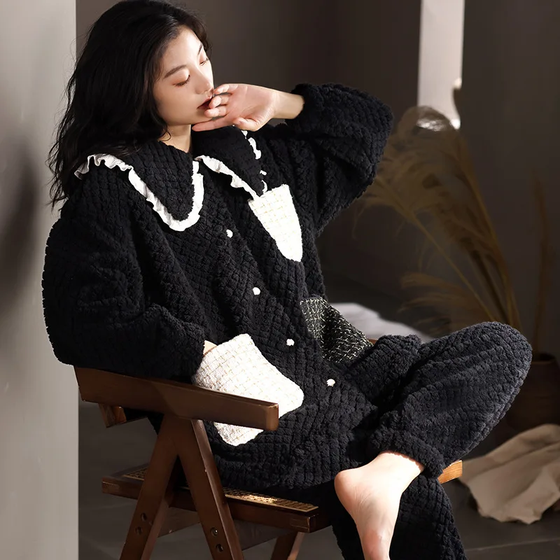 Winter Black Color Sleepwear for Women Flannel Warm Cardigan Homewear Young Girl Korean Fashion Cardigan Lapel Pijamas Set Mujer