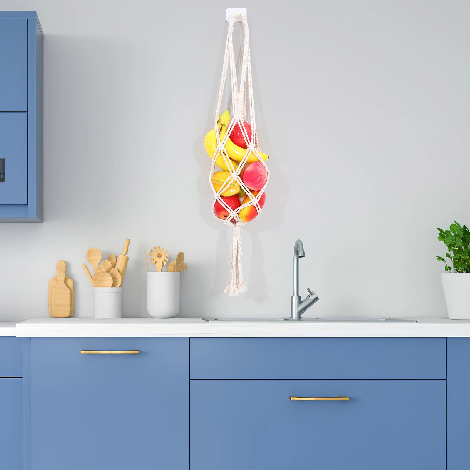 

Wine Bottle Set Hanging Baskets for Storage Fruit Kitchen Wall Mount Simple Produce White