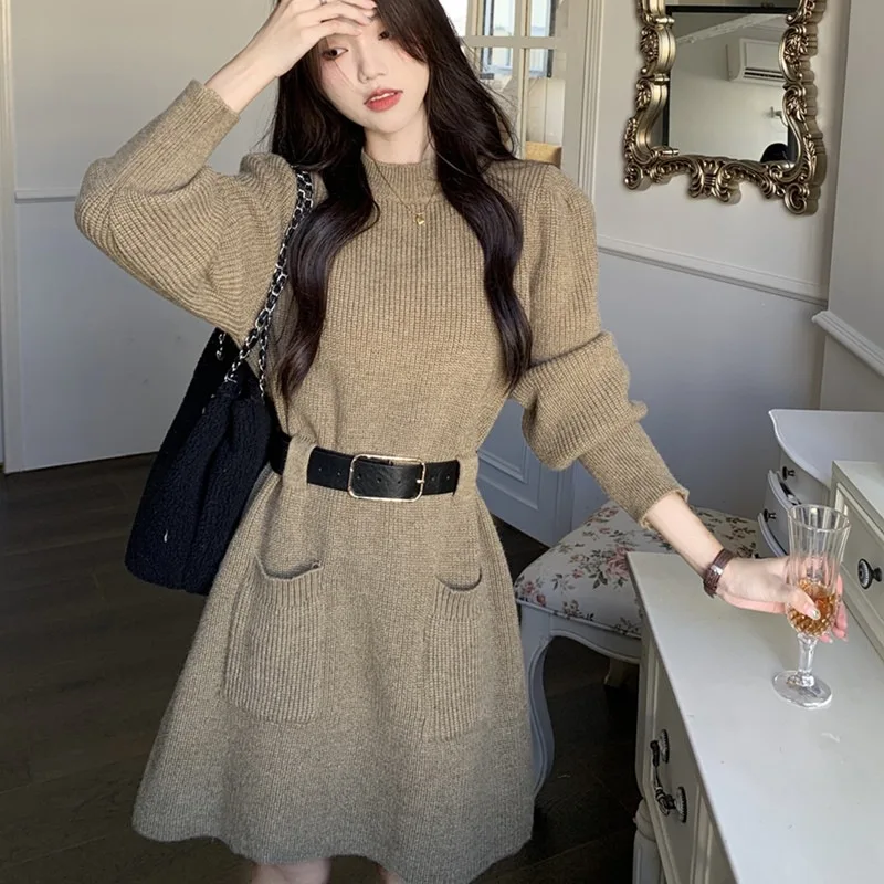 Vestidos femininos vestido elegante mulher 2025 outono lã pérola em camadas com nervuras cordão bolha homewear conforto aconchegante lazer fim de semana