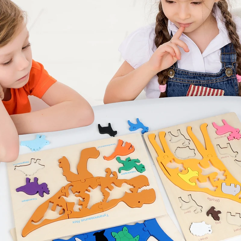 3D 퍼즐 나무 공룡 동물 지그 소 퍼즐 몬테소리 동물 모양 색상 인지 교육 게임 소년 소녀 선물 용품