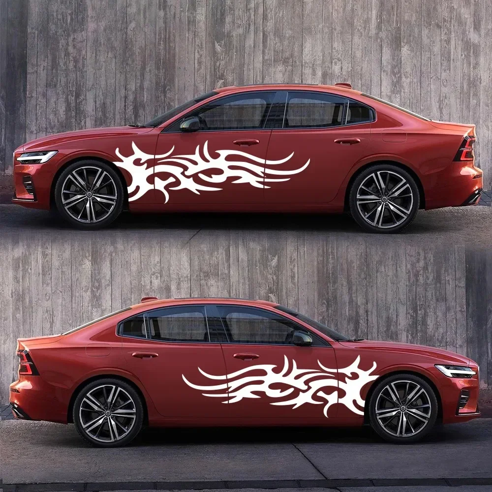 2PCS Side Door Line Interesting Vinyl Decals Fire Element Stripe Totem Car Stickers to Decorate New Car Decal Sticker