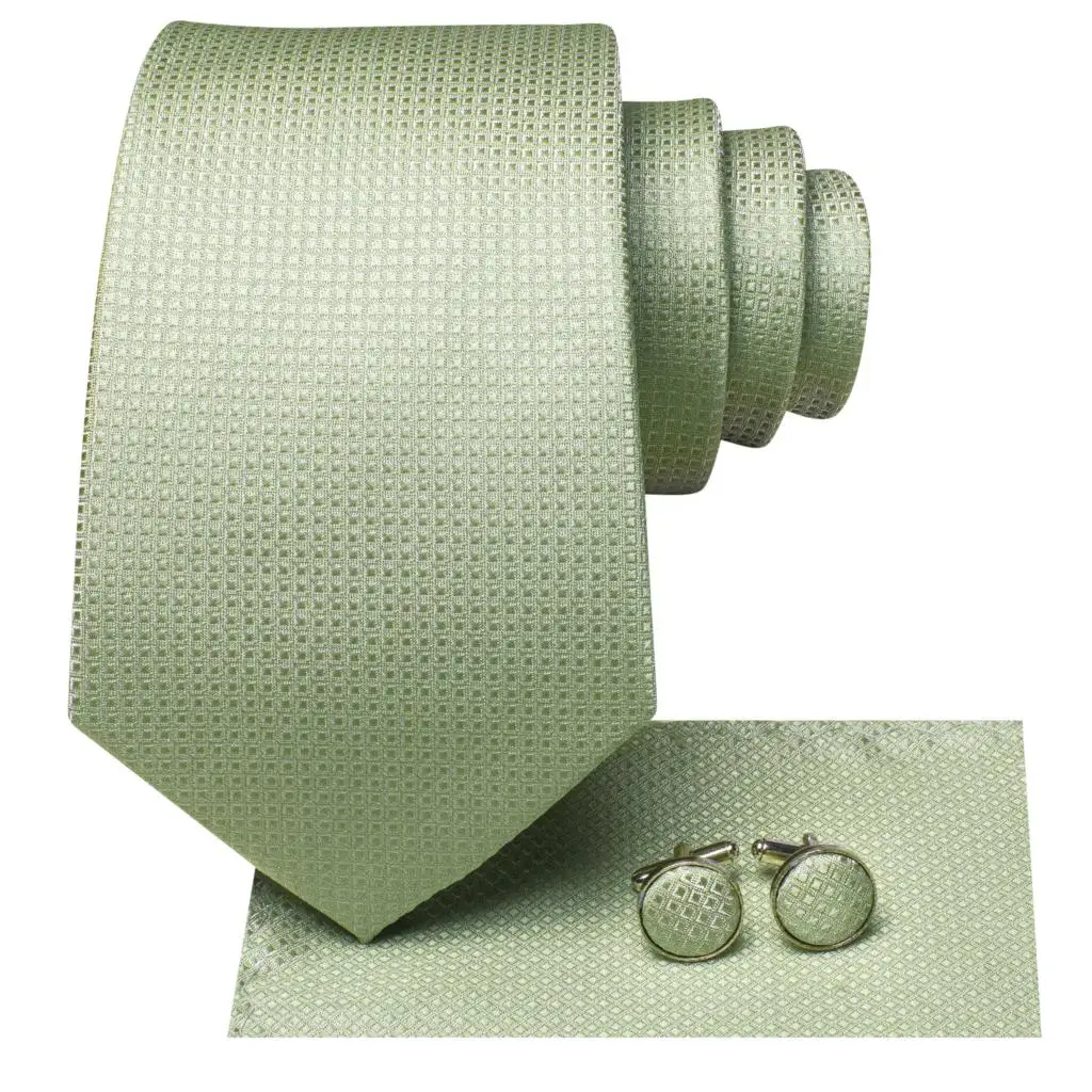 2023 New Sage Green Solid Plaid Hi-Tie Designer Gift Tie for Men Fashion Brand Wedding Party Necktie Handky Cufflinks Wholesale