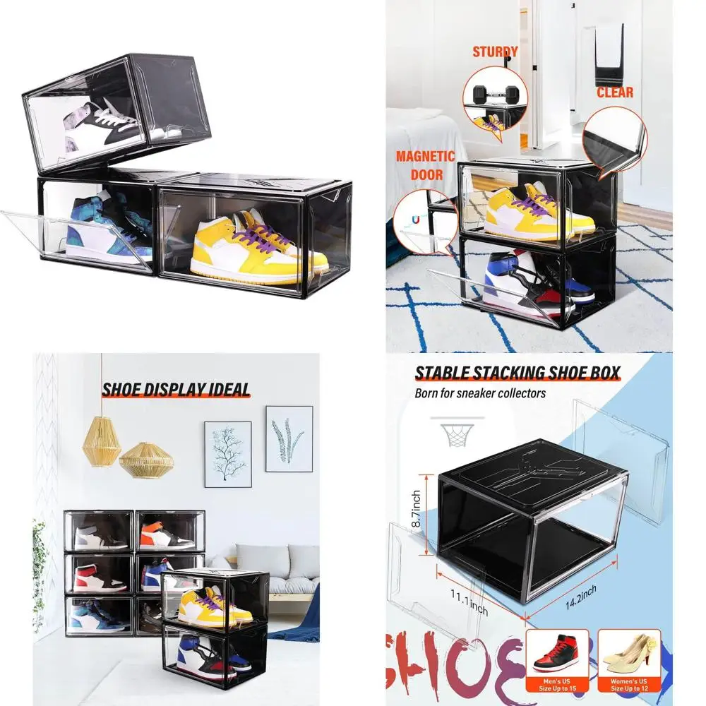 

Штабелируемые коробки для хранения обуви из трех частей с магнитными крышками, прозрачные акриловые витрины для обуви, размеры до США 15