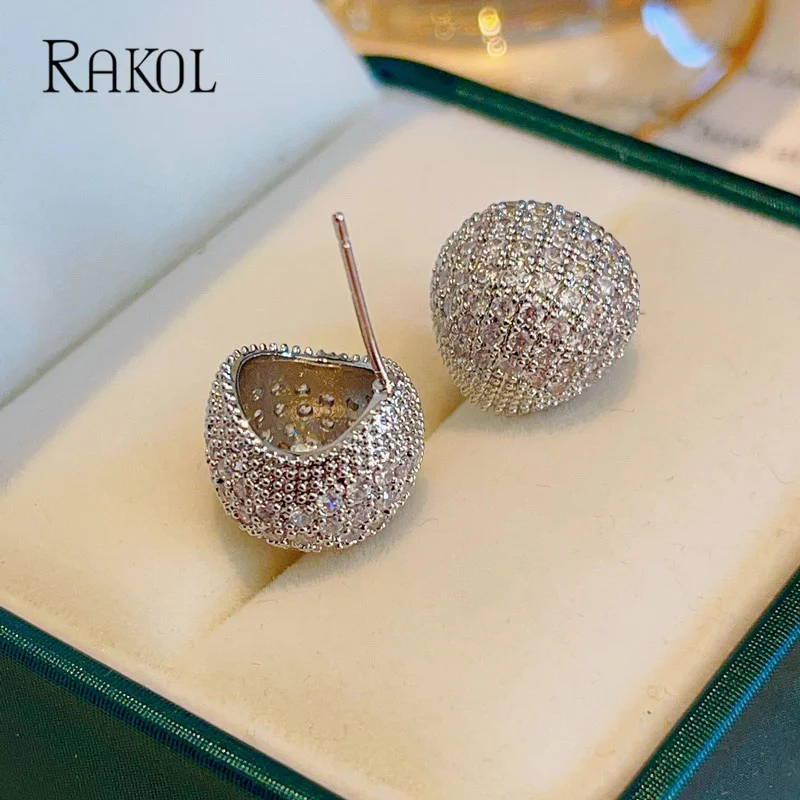 RAKOL French Luxury Ball Shape Micro Inlay Zircon Stud Earrings for Women Fashion Cubic Zirconia Gold Color Earring Ins Jewelry