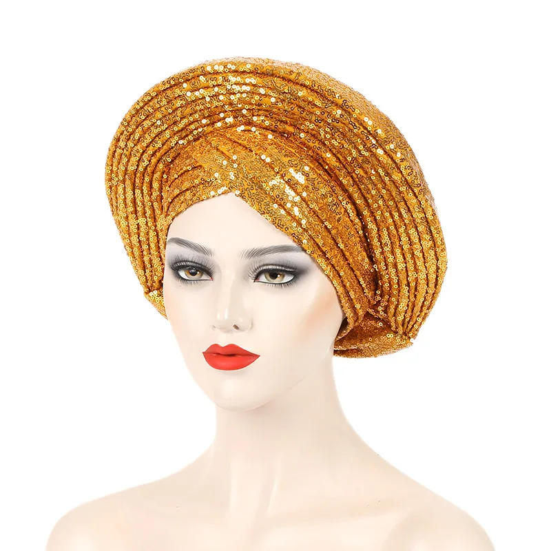 Sequins Autogele Headtie for Women African Head Wraps Wedding Party Already Made Geles Nigeria Turban Cap Headpiece