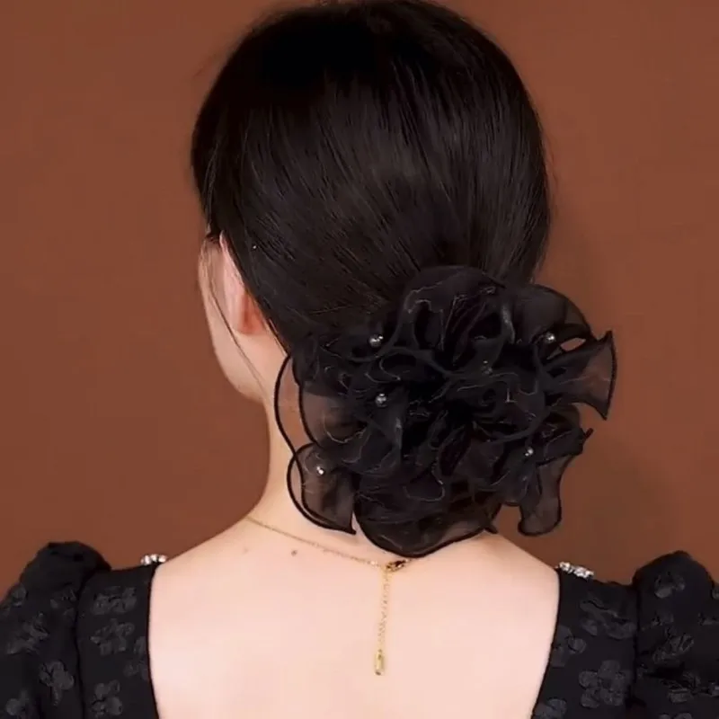 Phnom Penh Hochelastische Haarbänder, 3 Blumen, französische klassische Doppelschicht-Haarbänder, große Haargummis für Frauen, Accesorios Mujer – Detail 7