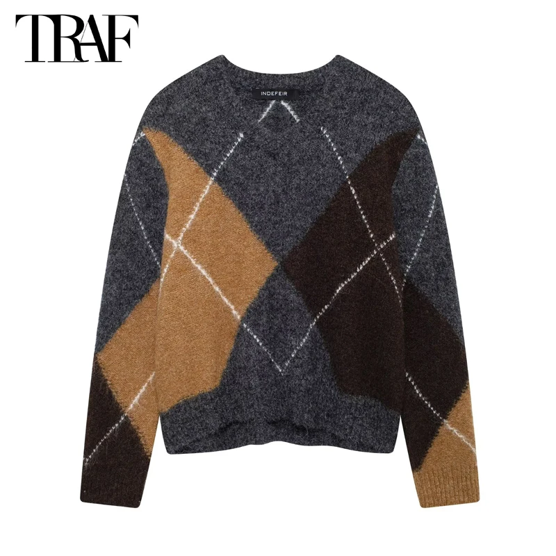 TRAF Argyle Short Sweaters for Women Fall Pullovers Knitted Sweater Woman Long Sleeve Cropped Sweaters Women Jerseys Woman 2024