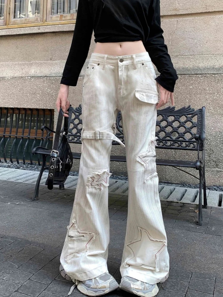 

2025 американские ретро Y2K стиль звезды в стиле пэчворк тонкие расклешенные женские джинсы брюки для женской одежды грязные потертые белые длинные брюки