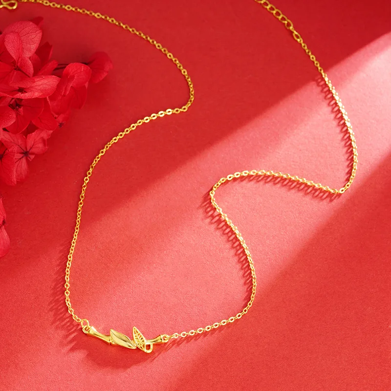 New Bamboo Knot with Zircon Pure 18k Sand Gold Color Necklace Gold Chain Necklace Wedding Engagement Jewelry Gifts