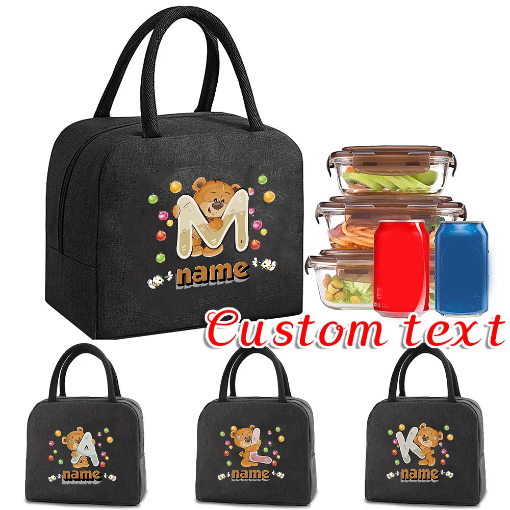 

Customized Black Insulated Lunch Bag Bento Bag Aluminum Foil Letter Pattern Insulated Lunch Box Camping Picnic Food Bag