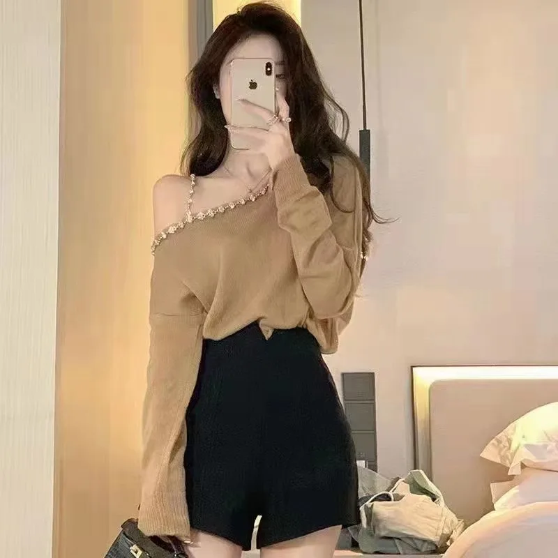 أوائل الخريف 2024 الكورية Sle المرأة محبوك سترة oulder عارية رقيقة ربيع الخريف موسم عادية Faion الدفء الفذ