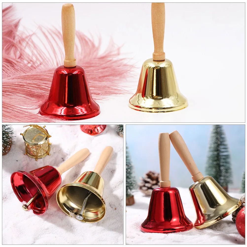 

2Pcs Hand Bells Loud Clear Sound Wooden Handle Christmas Decorative Props Service Bells Reception Metal Bell Party Props
