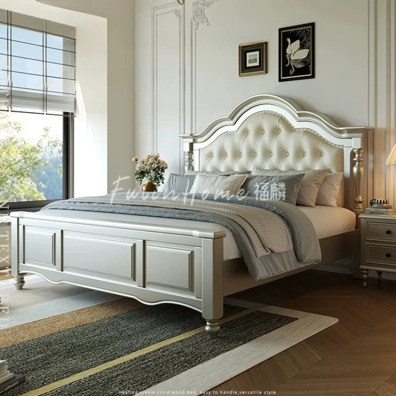 American French Mahogany Solid Wood Double Bed Silver Finish Tufted Top Grain Cowhide King Size Bed for Luxury Master Bedroom