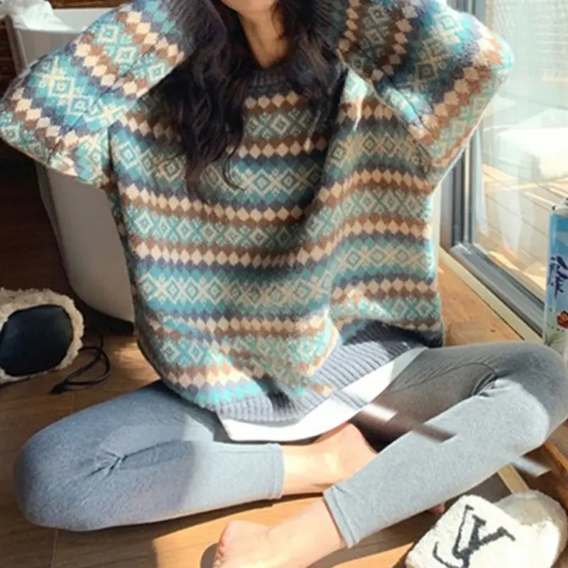 Knitwear Stripe Pullover Sweaters For Women Winter Top Blue Vintage Long Loose Sweaters Warm Korea Fashion Jumper