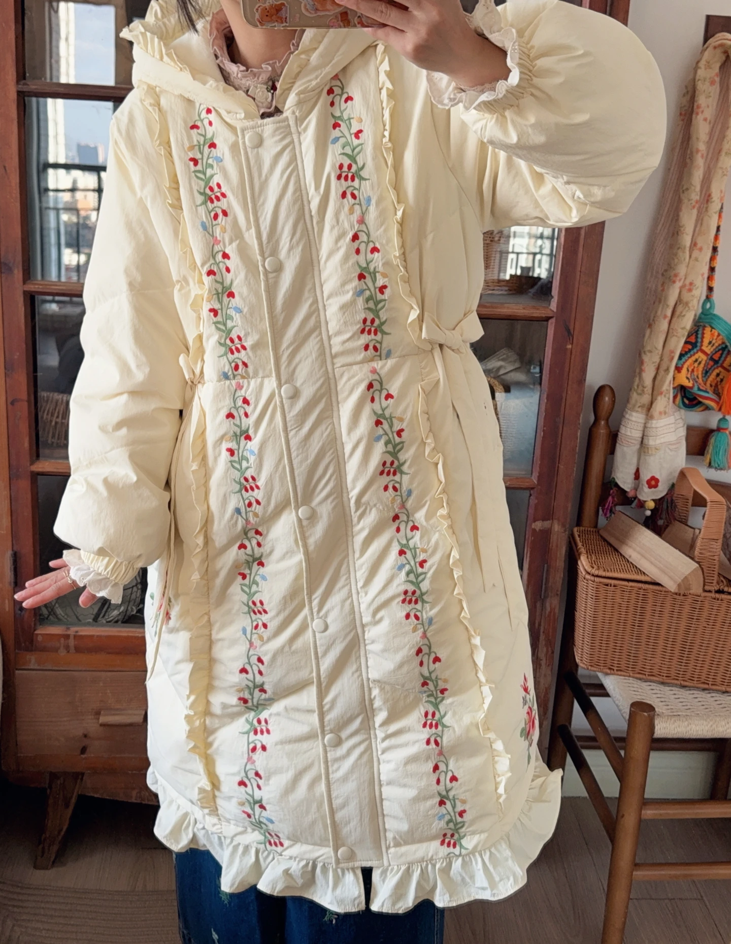 116 سنتيمتر التمثال الشتاء أسفل السترات النساء التصميم الأصلي موري الفتيات الحلو أنيقة مطرزة هوديي طويل الأبيض بطة أسفل المعاطف الدافئة