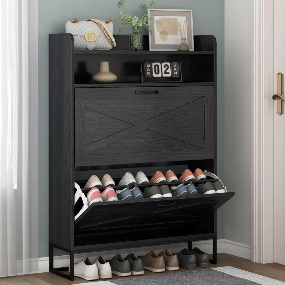 

Shoe Cabinet Freestanding Tipping Bucket with 2 Flip Drawers, Entryway Shoe Rack with Storage Top Cubby Black Shoe Cabinet