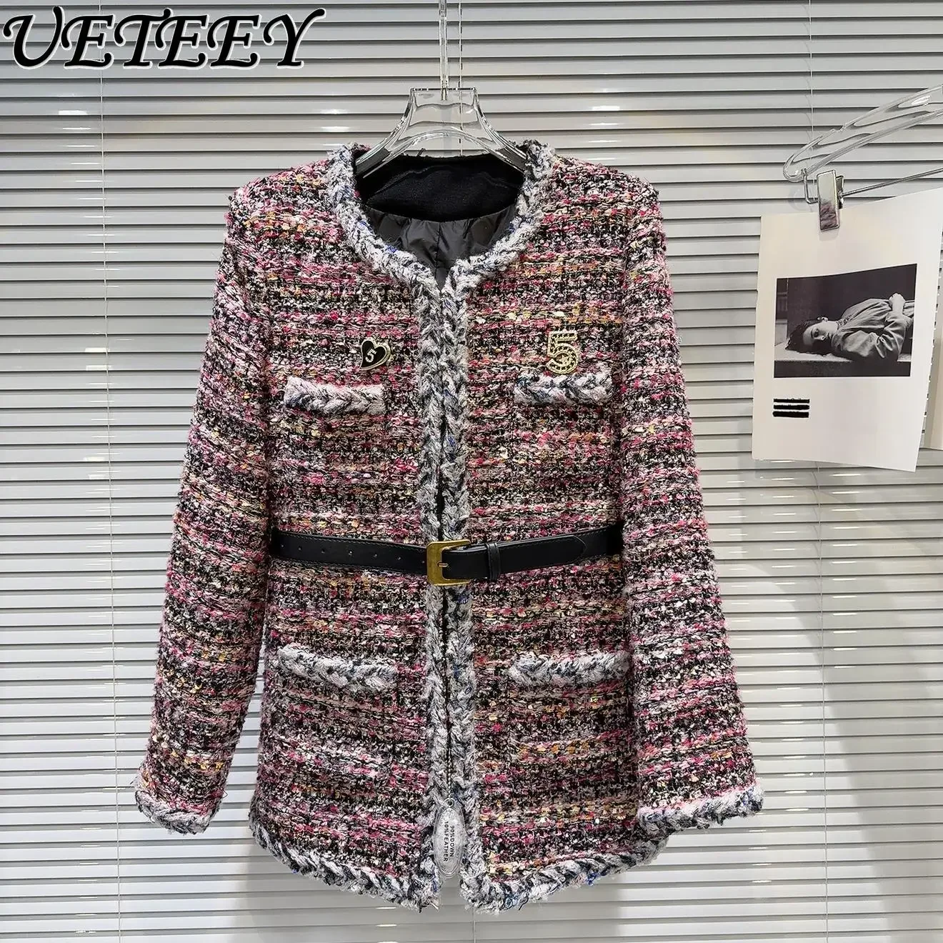 

Autumn and Winter New Belt Decorative Woven Tweed Jacket Temperament Fashionable Round Neck Down Inner Mid-length Coat