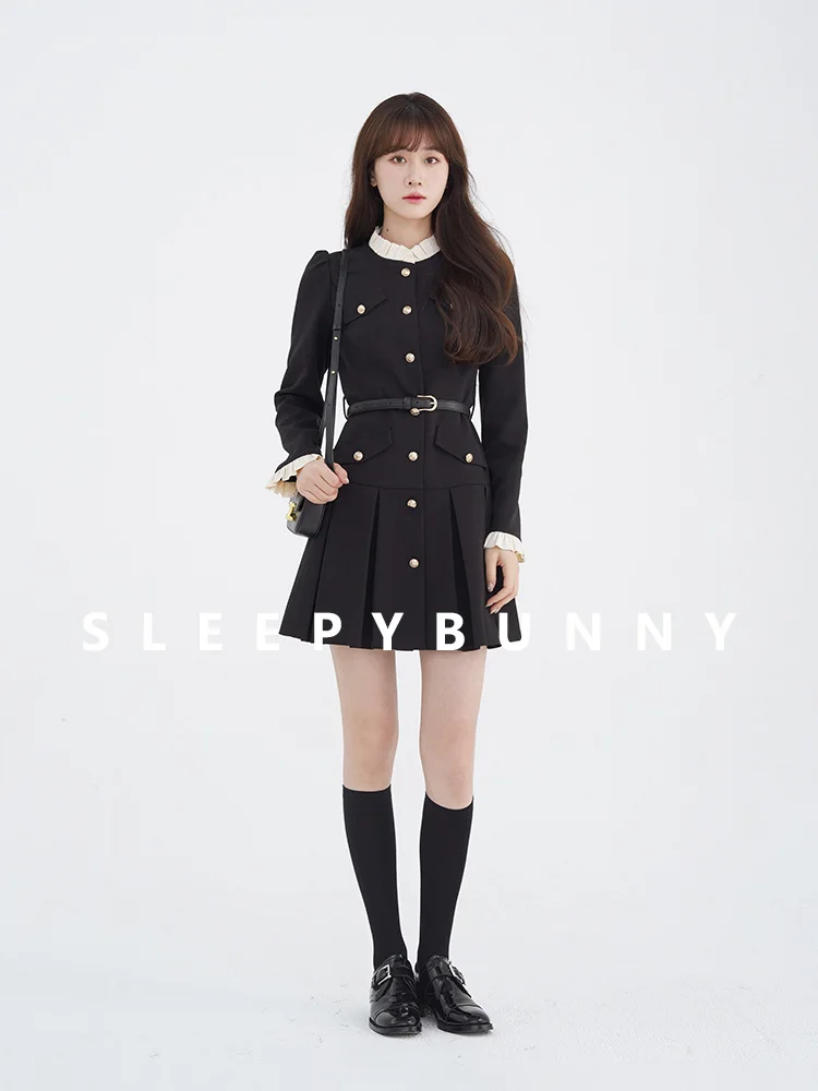 

Fake Two Piece Black Mini Dress Women Autumn Long Sleeve A-Line Dress Ruffle Trim Belted Waist Sweet Slim Fit Outfit Daily Look