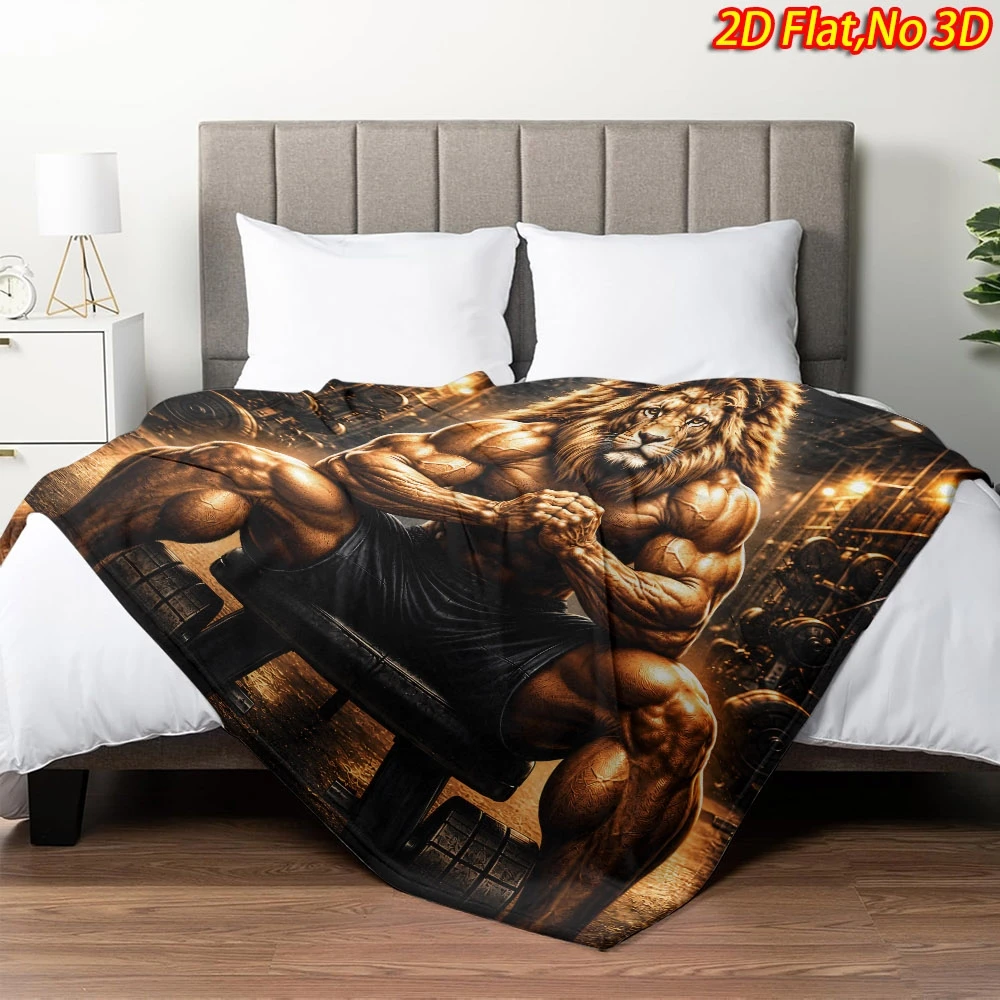 Dark Gym Muscular Lion Man Flannel Throw Blanket, Soft Blanket For Sofa Bed Bedroom, Fitness Sports Pattern Home Decor Gift