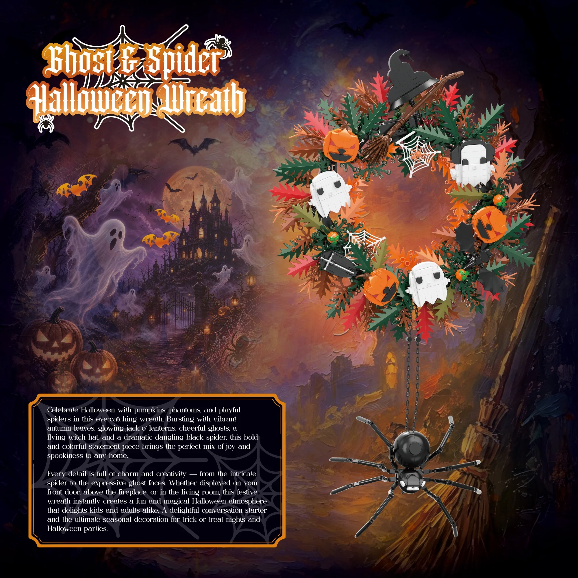 1211pcs Night Spider Shadow Wreath Building Blocks Desktop Ornament Ghost Spider Halloween Wreath Bricks Toys for Adults Gifts