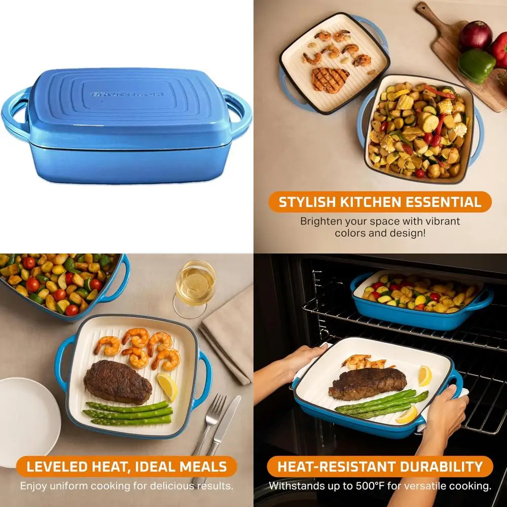 

All-in-One Non-Stick Cast Iron Dutch Oven with Grill, Pre-Seasoned Square Pan, Dual Handles, Complete Cookware Set