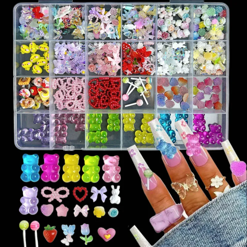 1 pudełko dopamina kolorowe kwiaty niedźwiedzie zawieszki do paznokci Cartoon śliczne jagnięce małpa zwierzęta symulowane pączek cukierki ozdoby do paznokci dla majsterkowiczów