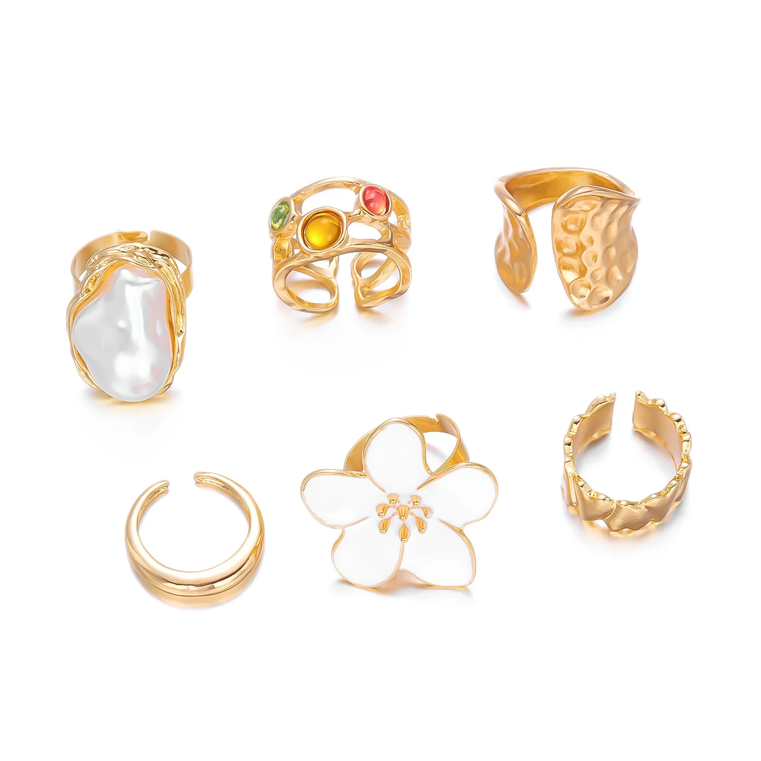 مجموعة خواتم مبالغ فيها شخصية زهرة الحمم البركانية الإغاثة صورة اللؤلؤ الإبداعية هندسية غير النظامية مزيج خواتم #5