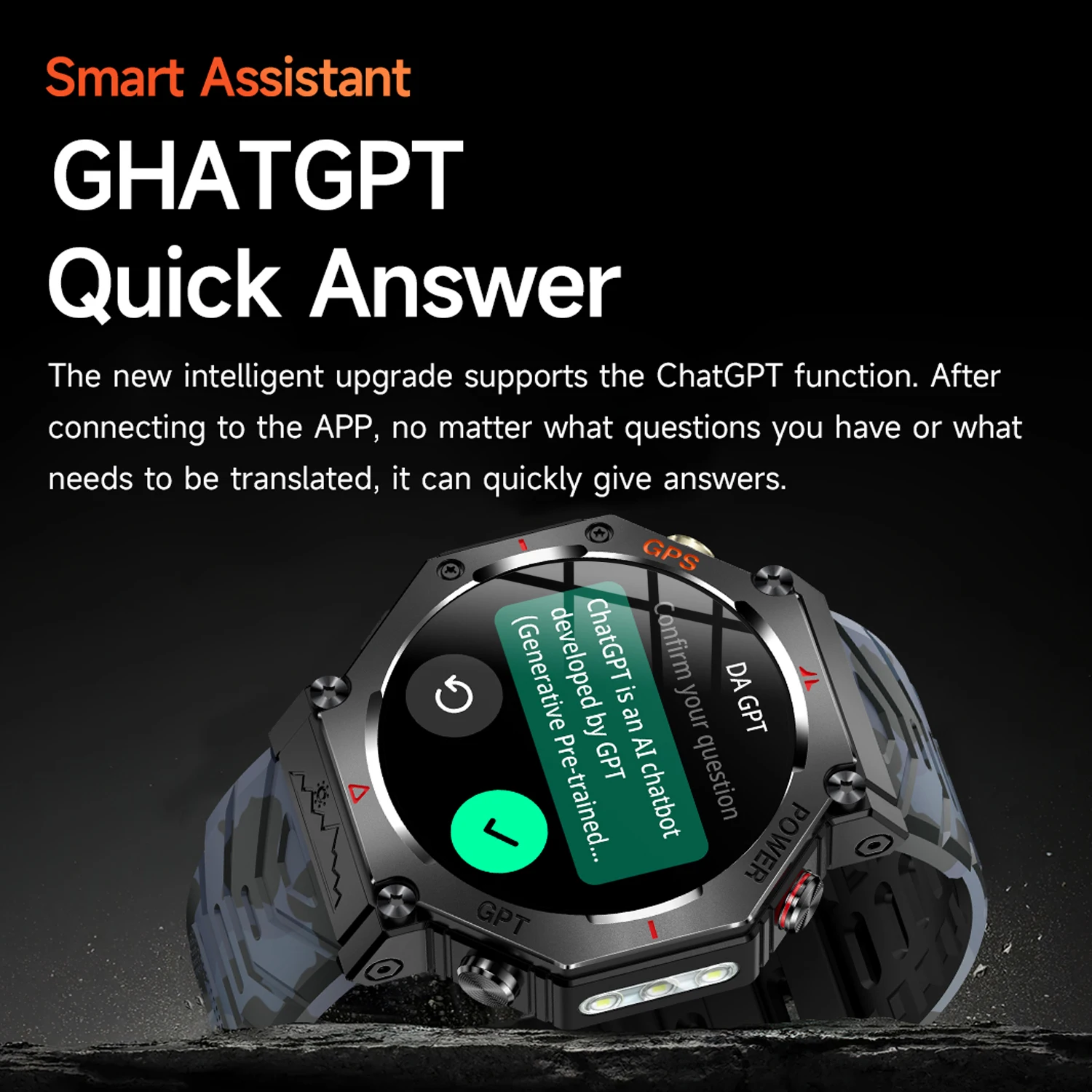 ساعة ذكية رياضية عسكرية T-Rex3 GPS مع مصباح يدوي لدعم Xiaomi GHATGPT AI 5ATM مقاومة للماء مدمجة ثنائية النطاق GPS Compa